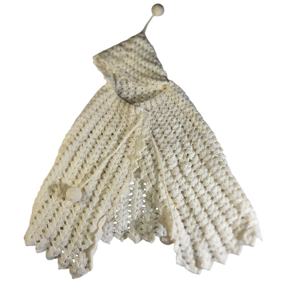 Infant Toddler White Crochet Christening Cape Hooded Handmade Drawstring 18" L